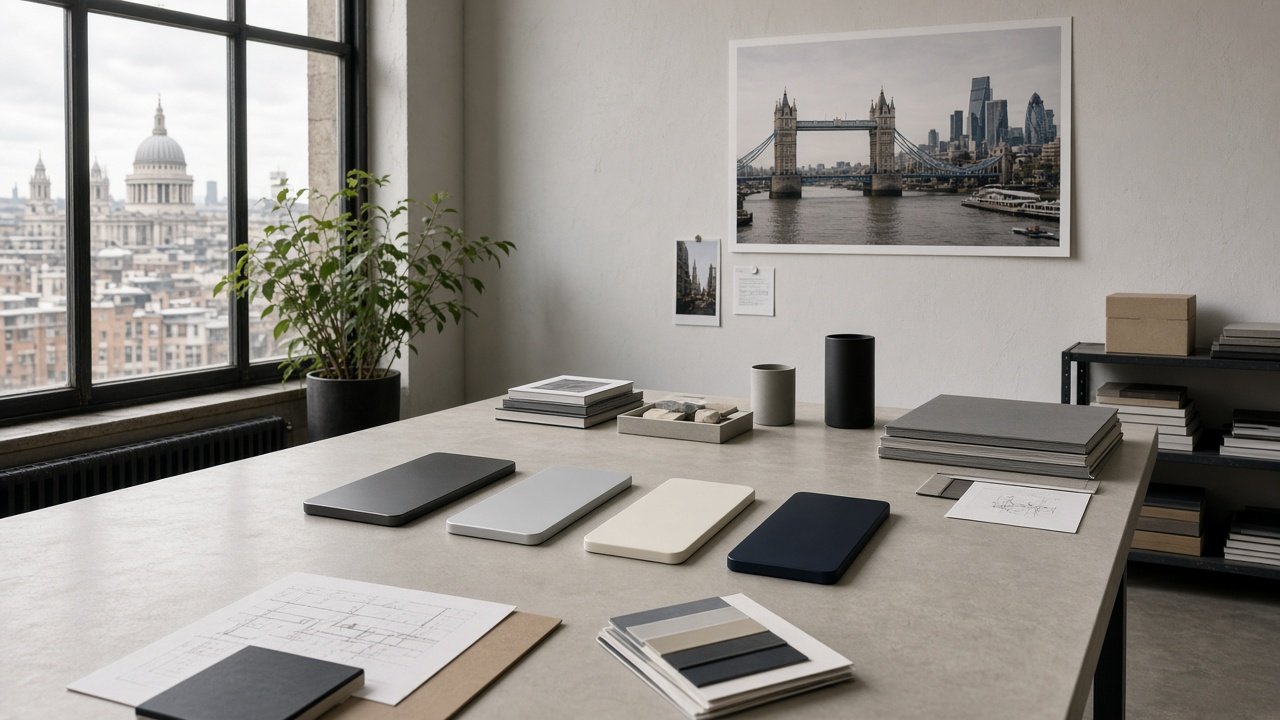 Wide view of a quiet product studio with devices laid in a line