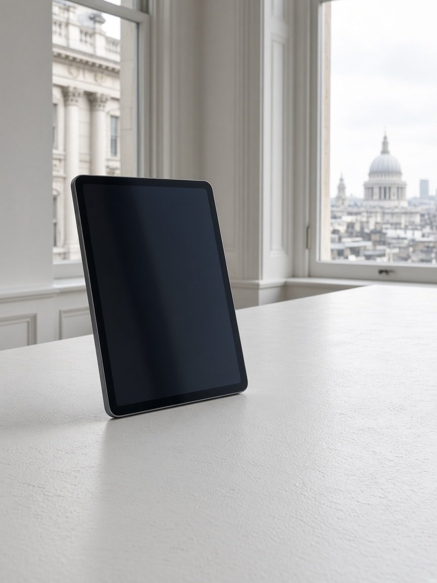 Tablet standing on a long table in a bright room, cropped without people
