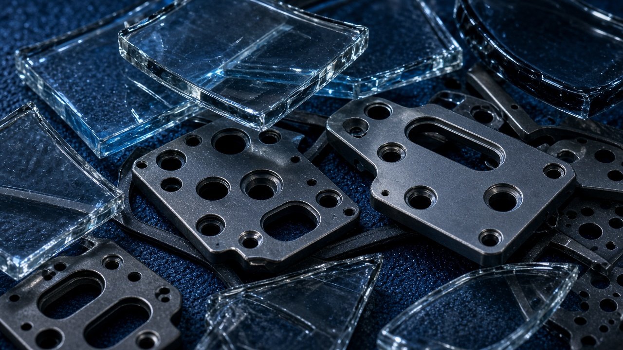 Overlapping glass and metal device fragments in a tight horizontal cluster