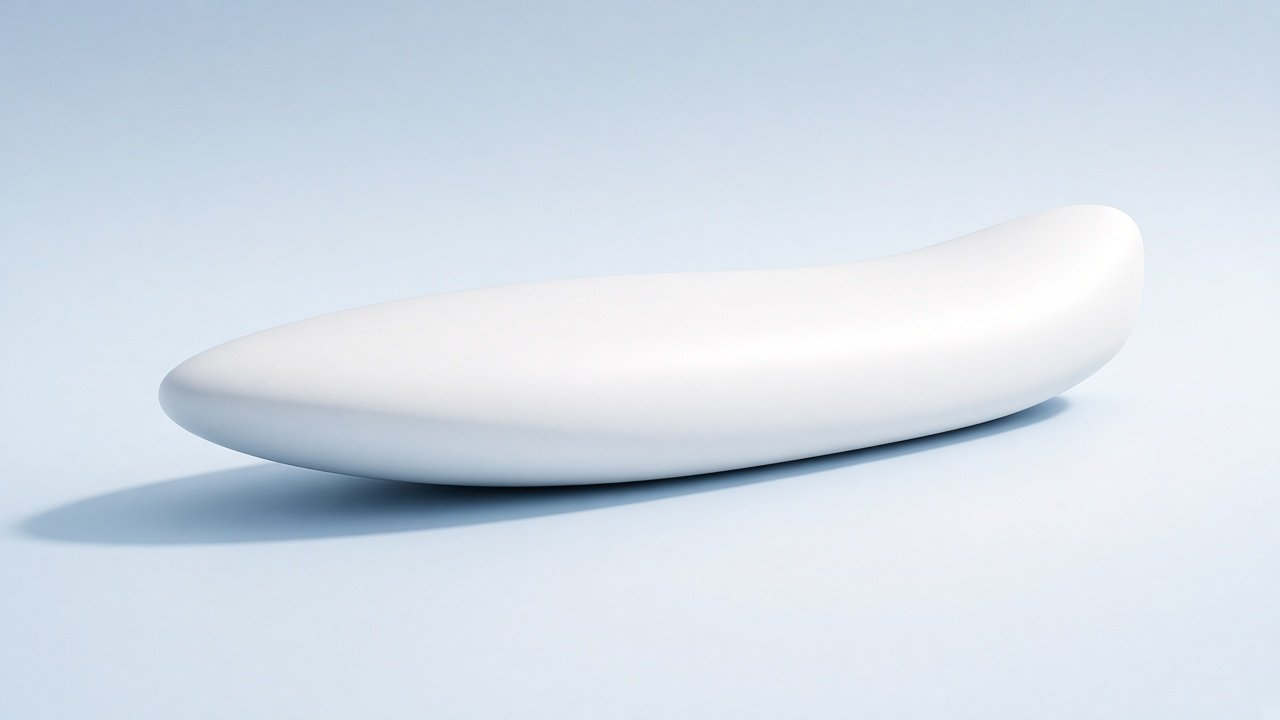 Elongated pale composite shell on a wide ice-blue studio floor