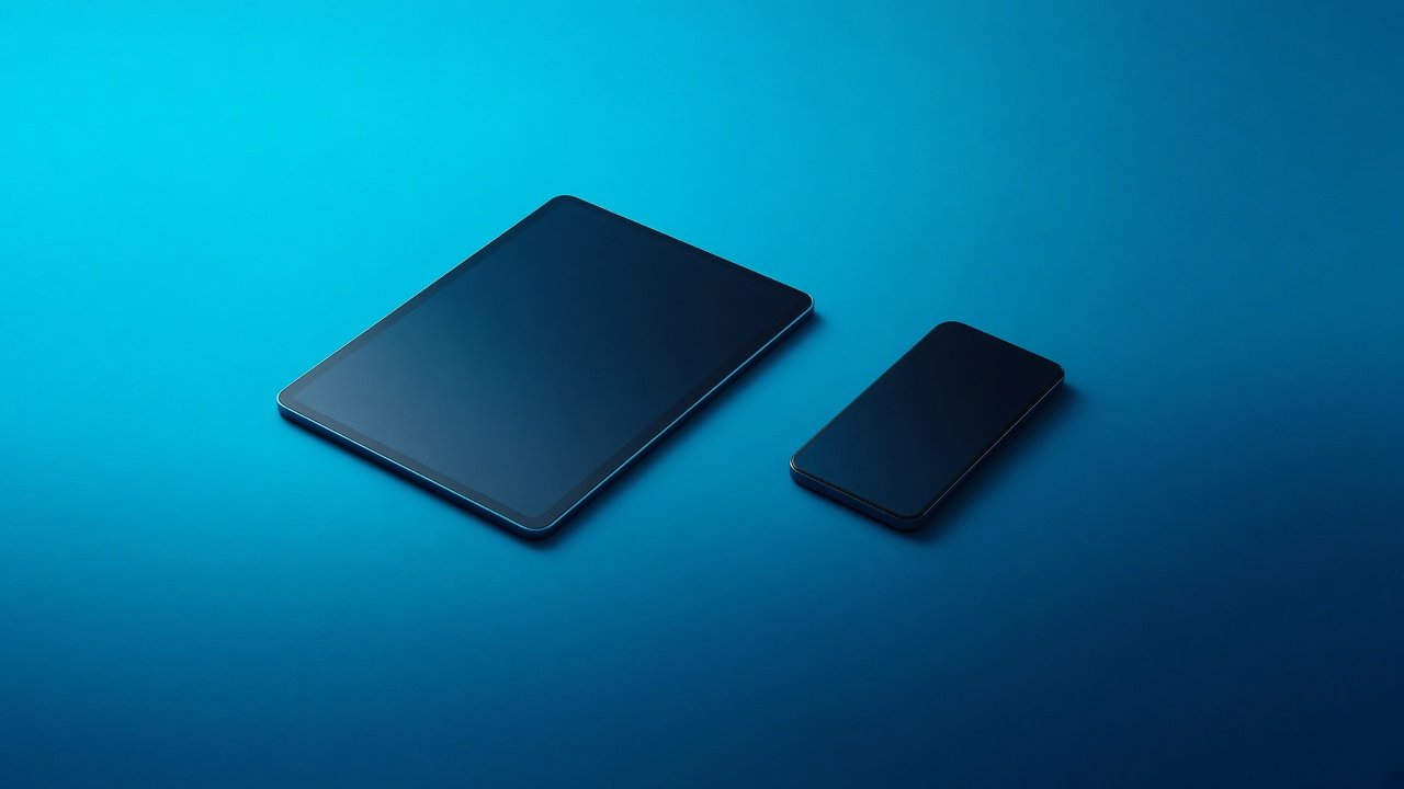 Phone and tablet aligned on a long cyan studio table