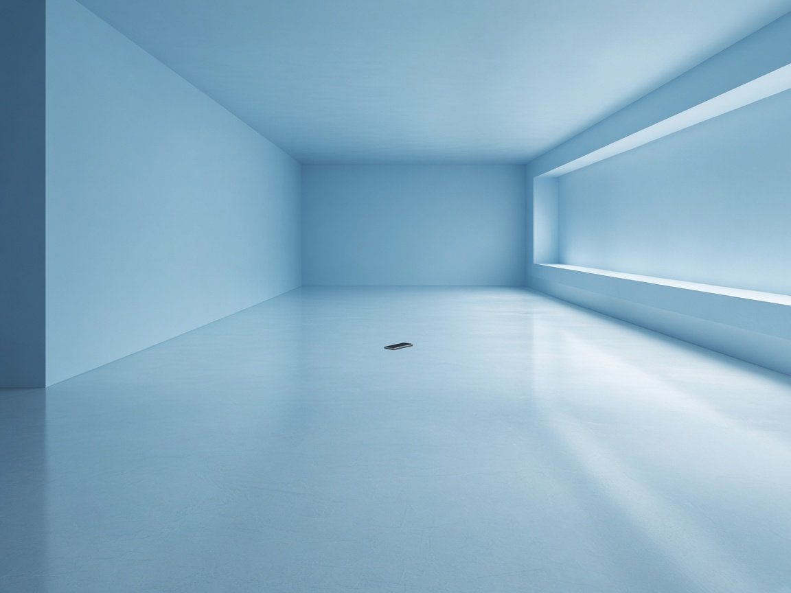 A distant tablet on a long empty studio floor